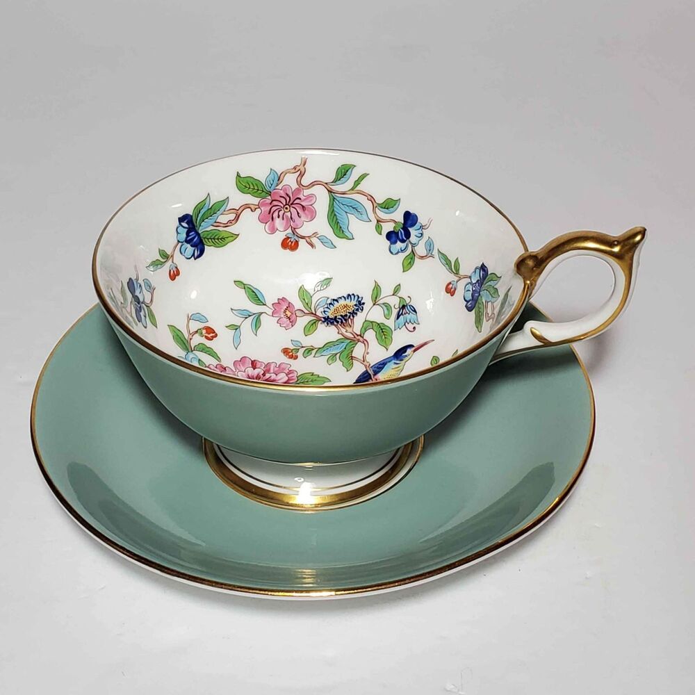 Aynsley Teacup and Saucer Bird Floral Pembroke
